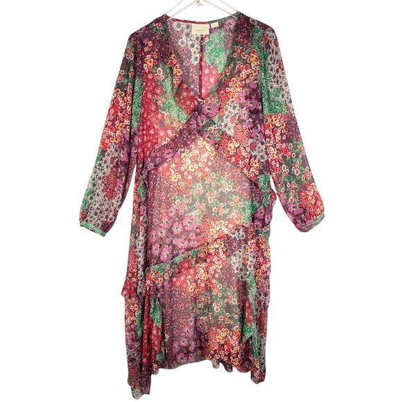 Maeve Anthropologie Sirena Ruffled Tunic Dress M Floral Print V-Neck Boho Flowy - Picture 2 of 9